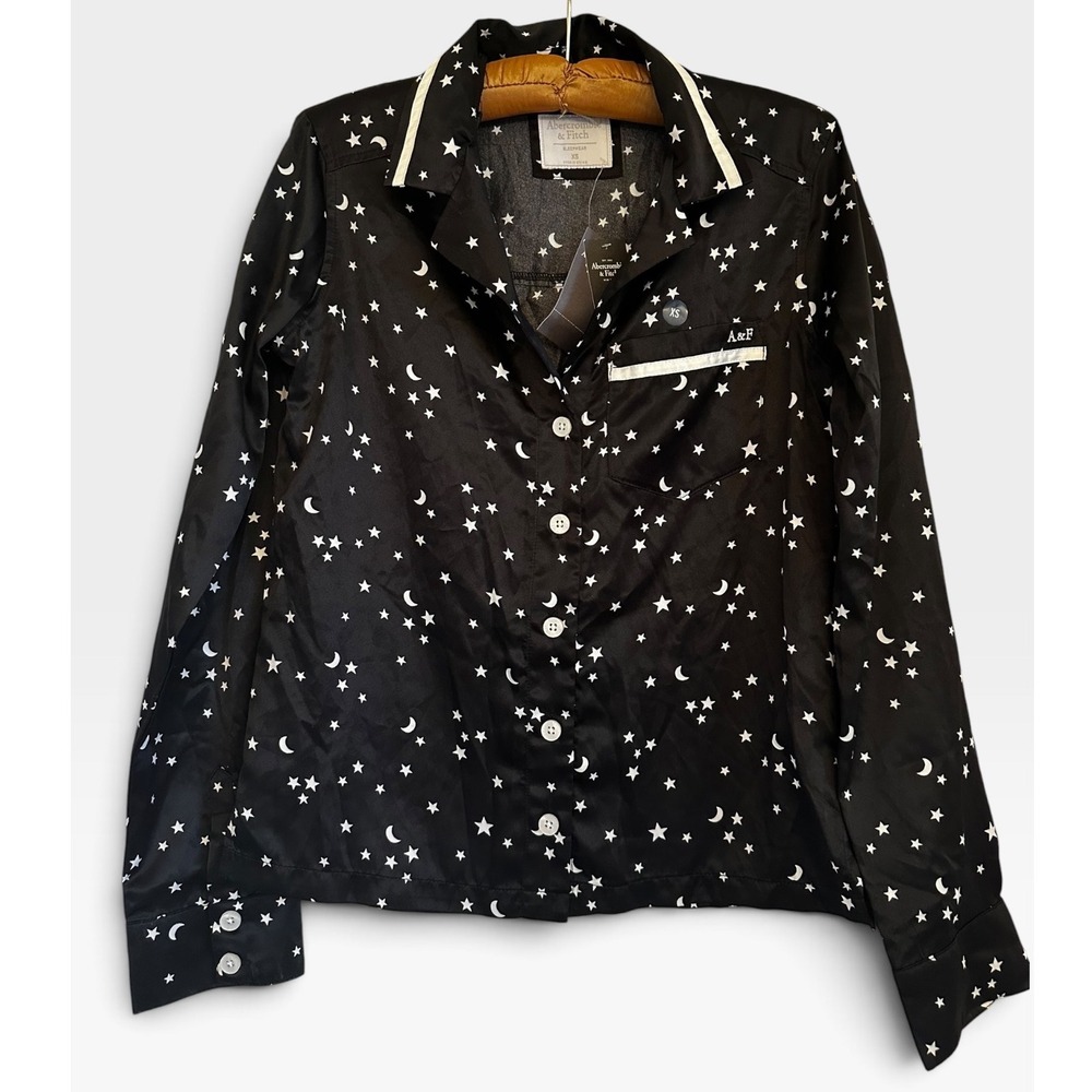Abercrombie & Fitch Celestial Moon Star Print Satin Pajama Top Black XS New